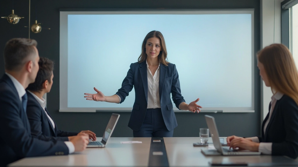 Профессионалка ведёт деловую встречу, презентуя идеи команде