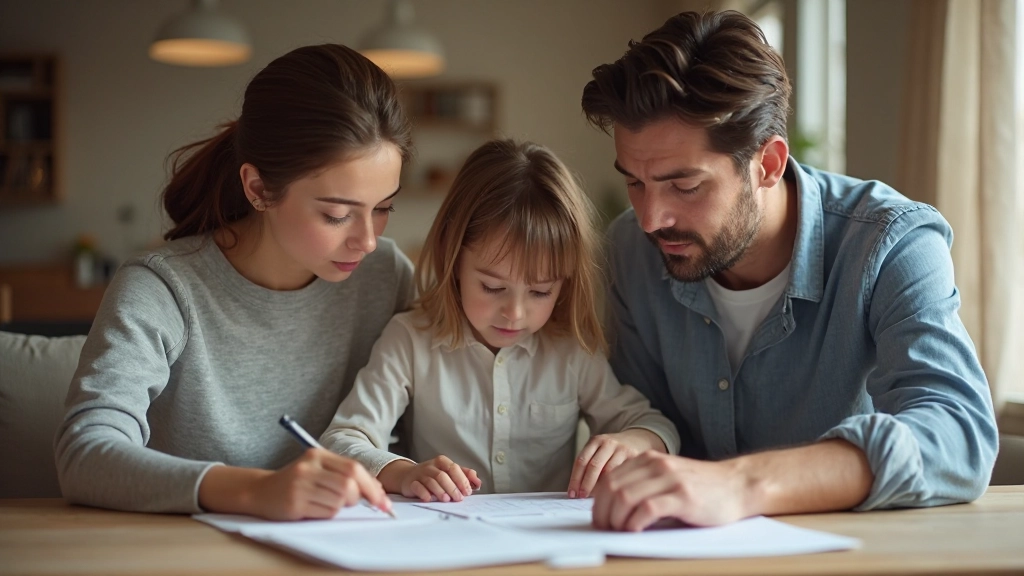 Профессиональное фото семьи, обсуждающей финансовые планы за столом с документами