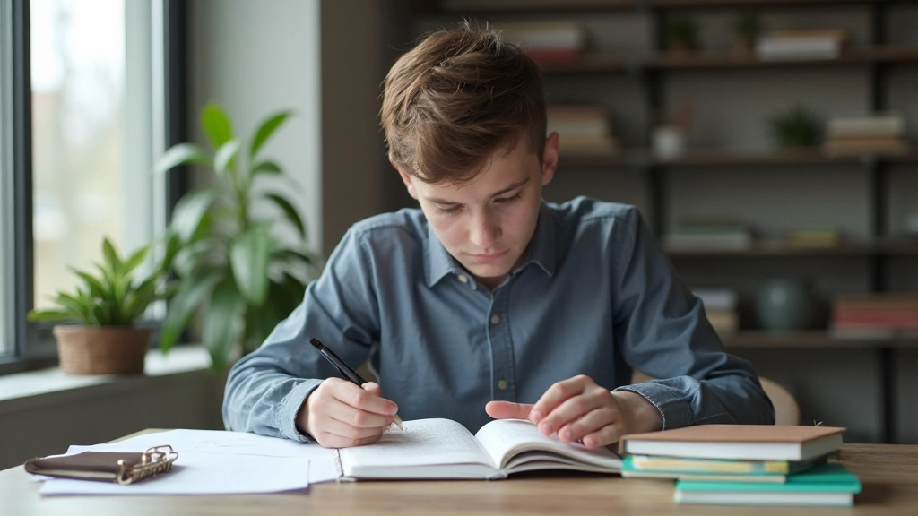 Студент сосредоточенно занимается с учебными материалами в светлом помещении