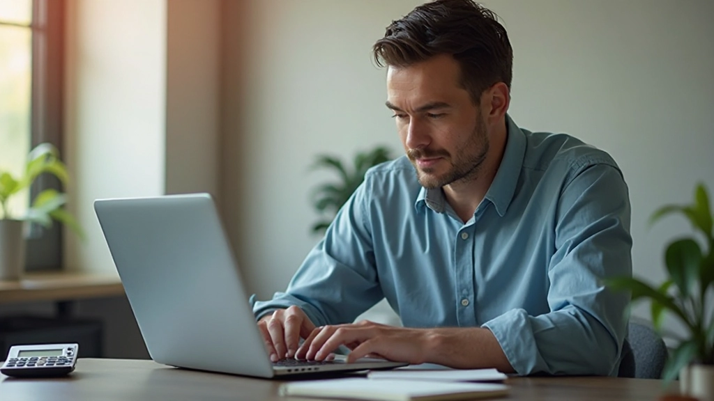 Человек планирует семейный бюджет с помощью ноутбука и блокнота