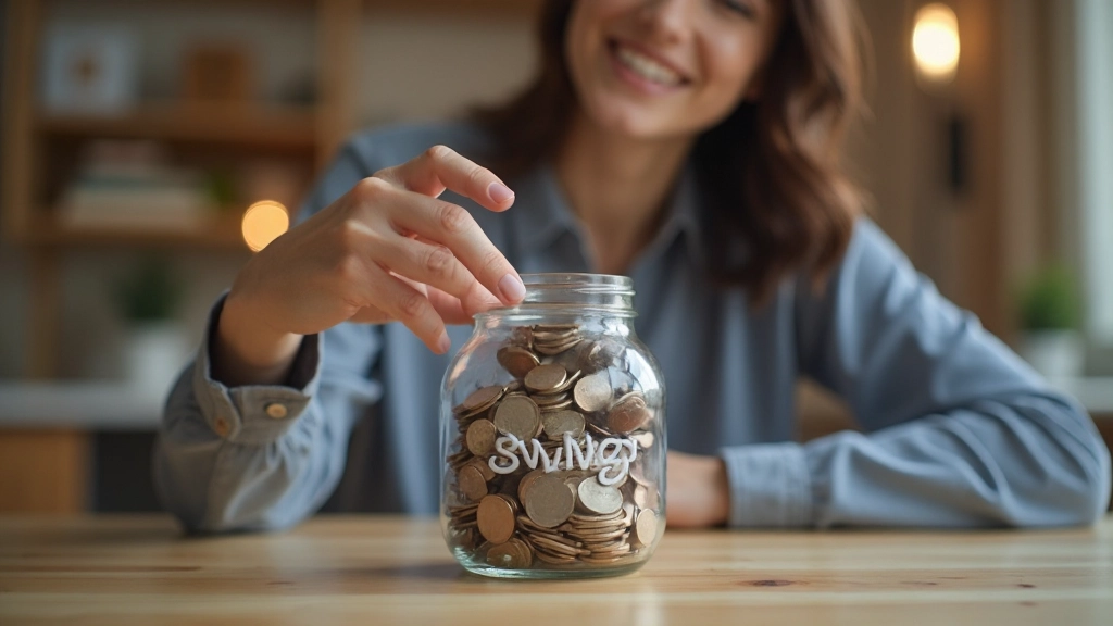Фото человека, откладывающего монеты в стеклянную копилку с улыбкой