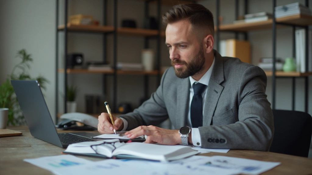 Профессиональное фото человека, планирующего бюджет с ноутбуком и блокнотом