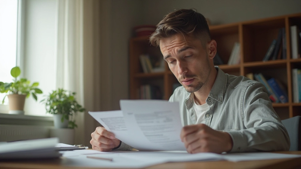 Профессиональное фото человека, читающего квитанцию об оплате коммунальных услуг за столом