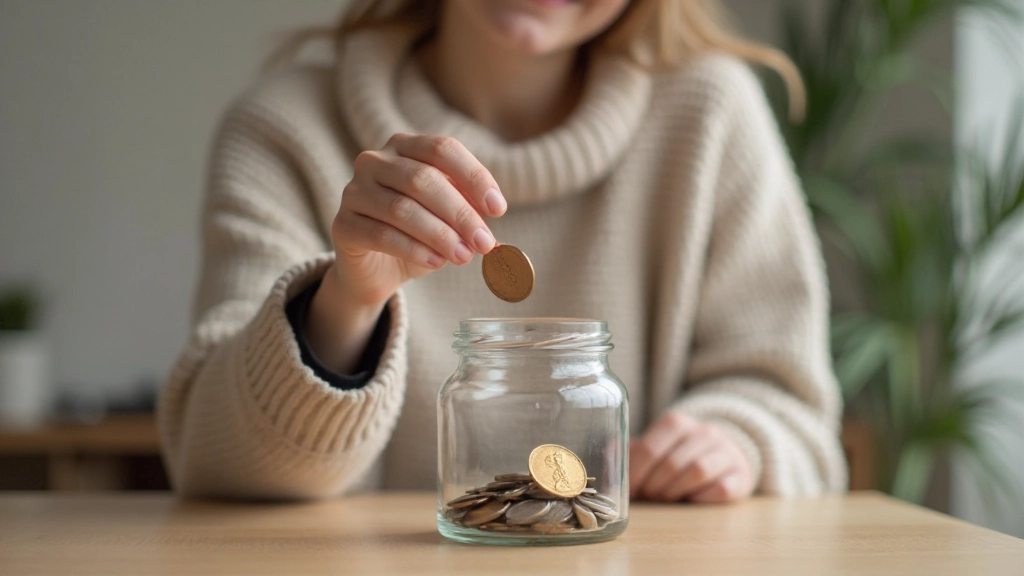 Фото человека, откладывающего монеты в стеклянную копилку с улыбкой