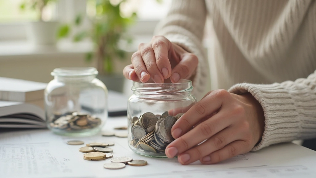 Руки человека помещают монеты в прозрачную банку для сбережений