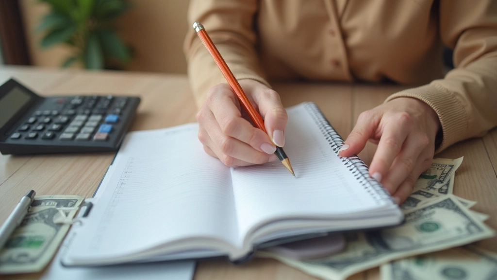 Рука записывает финансовые цели в блокнот рядом с калькулятором и планировщиком