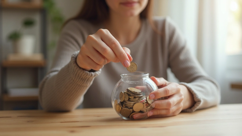 Молодая женщина откладывает первые деньги в копилку